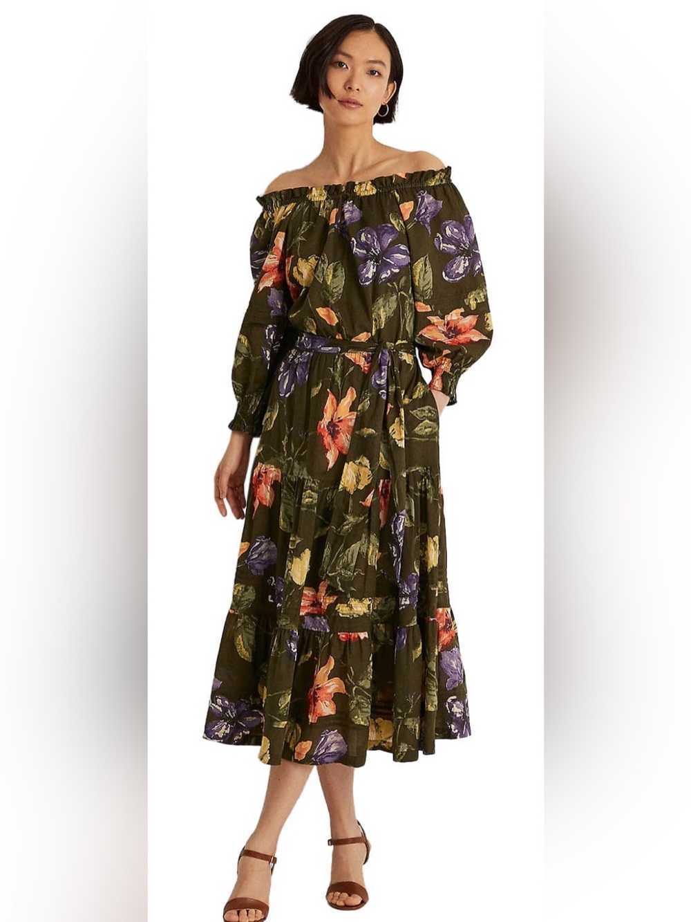 Lauren Ralph Lauren Women’s Green Floral Cotton Voile Off-Shoulder Dress Size 14